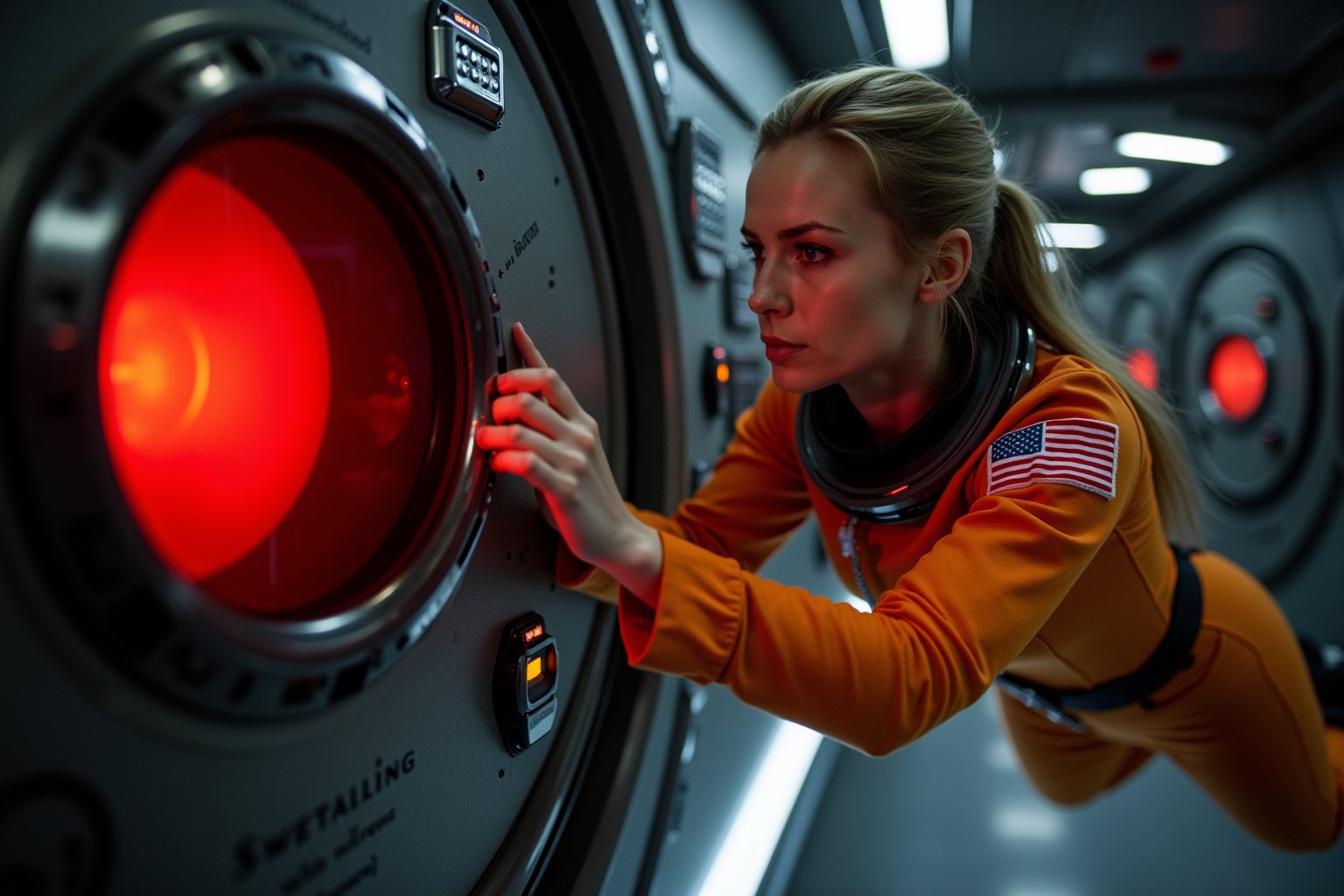 A female astronaut, dressed in a vibrant orange space uniform, is carefully re-enacting the iconic scene from 2001: A Space Odyssey where David Bowman deactivates HAL 9000. Floating weightless Inside a sleek, futuristic spacecraft, she methodically removes the components of the HAL 9000 interface, one piece at a time. The setting is tense and sterile, with dim lighting reflecting off the metallic surfaces, capturing the eerie, unsettling atmosphere of the original scene. The astronaut’s expression is focused and determined, echoing the intensity of the moment as she disconnects each part of HAL’s circuitry. The red glow of HAL's eye slowly fades as the scene unfolds, highlighting the dramatic tension between human and machine.