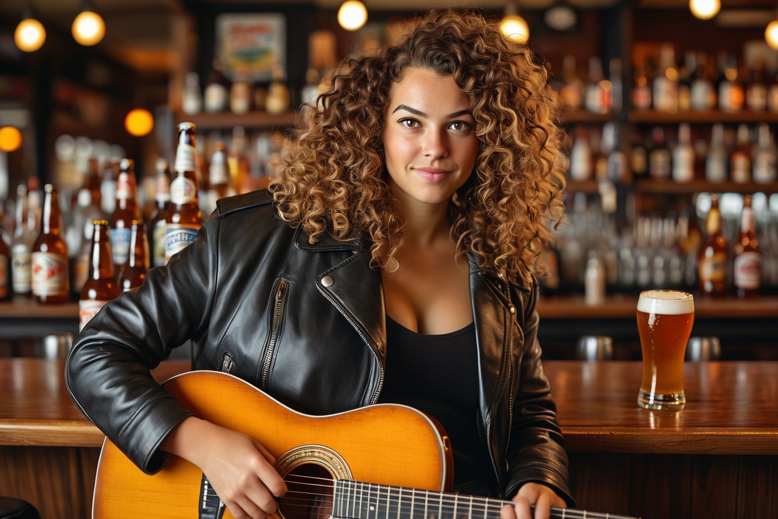 Prompt: Dutch Angle. Closeup Photo of a caucasian woman with curly hair, leather jacket and mini skirt playing guitar in a bar. Background is a fat man drinking beer. Style by J.C. Leyendecker. Canon 5d Mark 4, Kodak Ektar, 35mm 