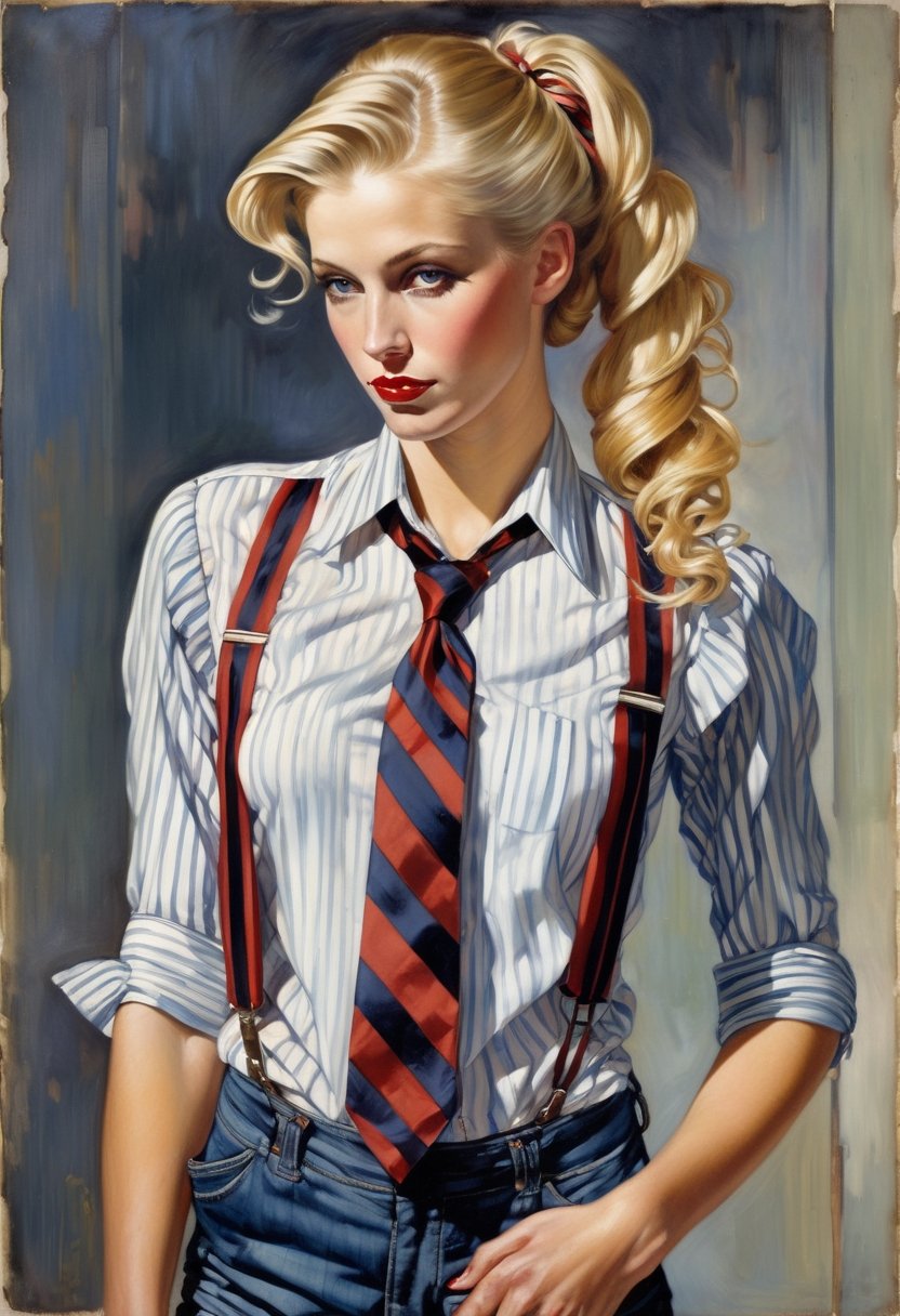 Photo of  tomboyish blonde. Her hair is tied in a ponytail. She's wearing a striped shirt,  with the sleeves rolled up,  and a necktie. She's also wearing jeans with suspenders. art by J.C. Leyendecker, Canon 5d Mark 4, Kodak Ektar