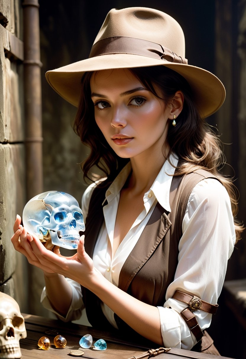 Photo. Woman dressed as Indiana Jones,  with fedora hat, holding crystal skull. Art by Makoto Shinkai, art by J.C. Leyendecker, Canon 5d Mark 4, Kodak Ektar