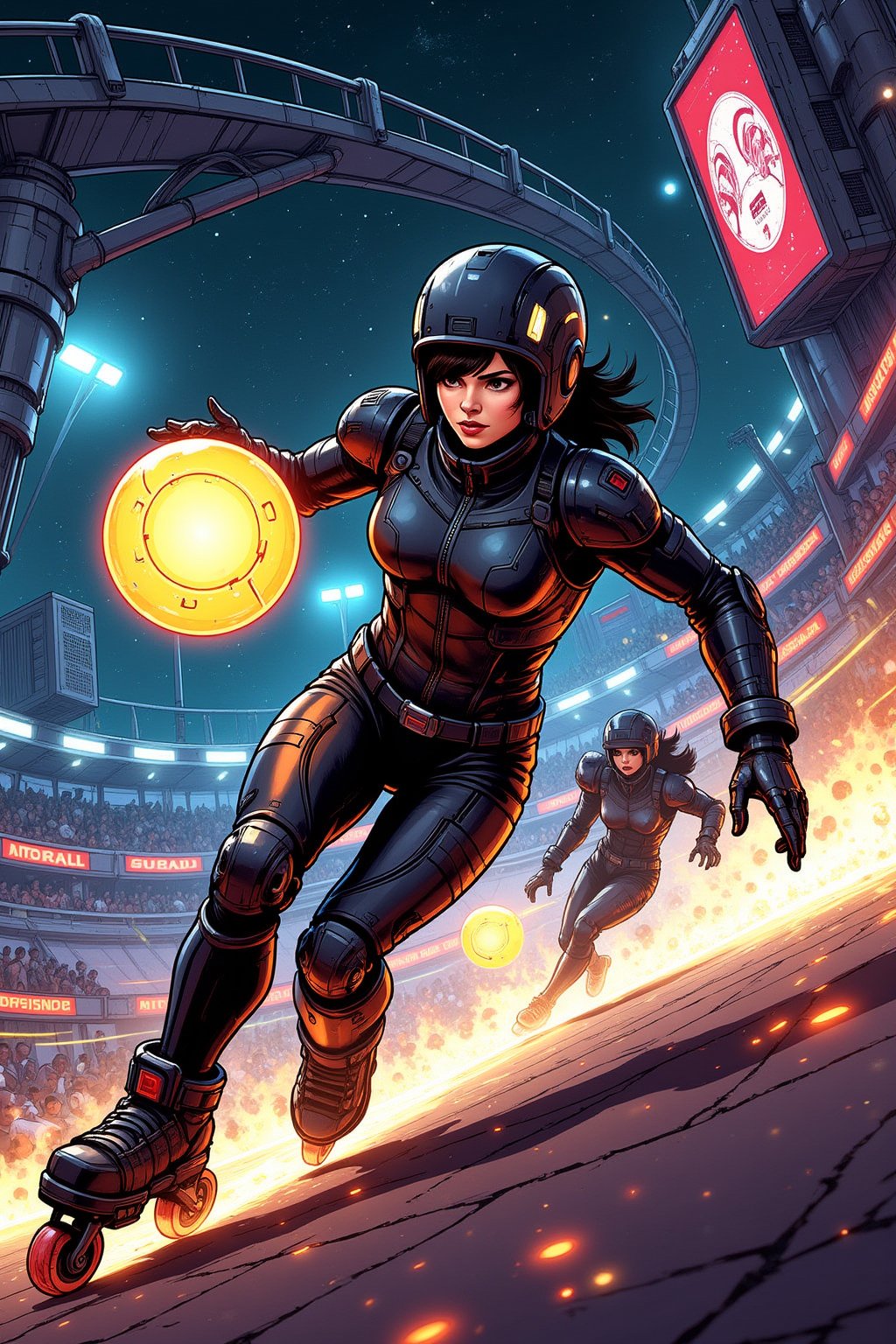 illustrated. Battle Angel Alita competing in a high-speed Motorball game, similar to Rollerball. Alita, wearing her iconic sleek cyborg armor and padded helmet, races through the winding rollercoaster like Motorball track on rollerblades, gripping the glowing basketball like gadget in one hand. The arena is a high-tech, metallic environment with neon lights, massive crowds, and a gritty, industrial vibe. In the background, other cybernetic players chase after her, each equipped with various mechanical enhancements designed for speed and combat. Sparks fly from Alita's blades as she speeds around a sharp curve, with the atmosphere of the scene reflecting the intensity, competition, and danger of the Motorball game. The overall aesthetic is bold, dynamic, and futuristic, with a mix of cyberpunk elements and action-packed energy,