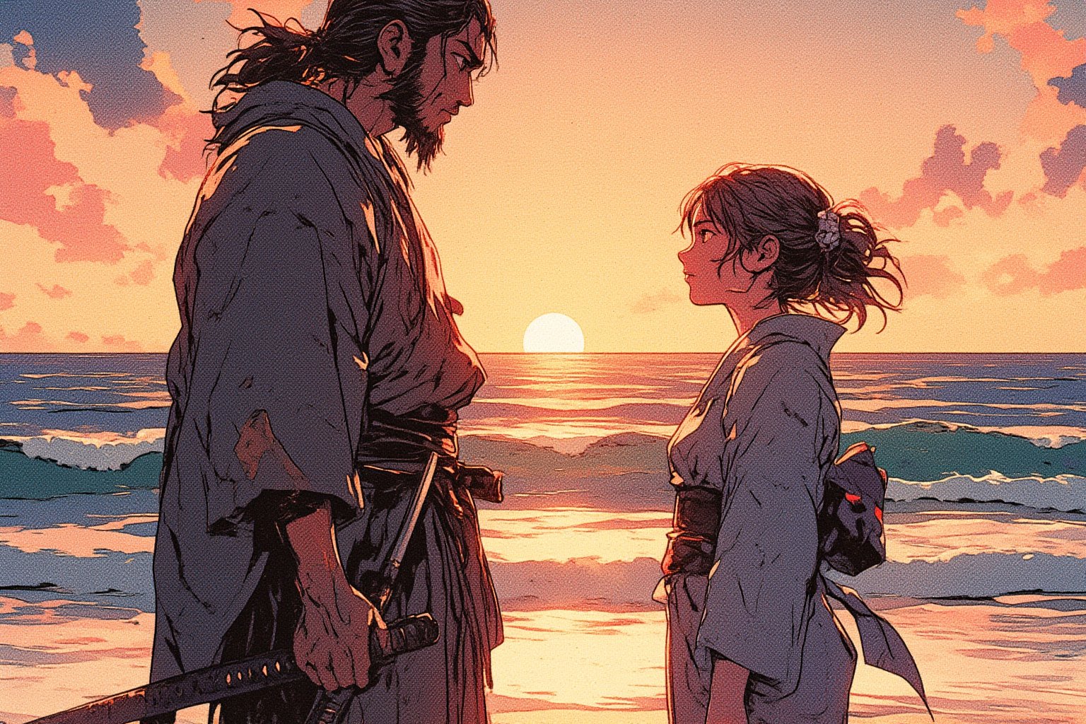 Illustrate a deeply emotional and dramatic scene between a ronin and his girlfriend at a seaside, set during their final goodbye. The ronin, dressed in worn-out traditional samurai robes, stands solemnly with his hand resting on the hilt of his katana. His girlfriend, wearing a flowing kimono, stands far apart from him, her expression filled with sorrow and longing. They are gazing intensely at each other, the distance between them symbolizing the emotional rift as they say their farewells. The backdrop is a serene, yet melancholic, seaside with waves gently lapping at the shore, and the setting sun casting long shadows and a golden glow over the scene. The sky is painted with hues of orange and pink, adding to the bittersweet atmosphere. The overall composition captures the profound emotion of separation and unspoken love.