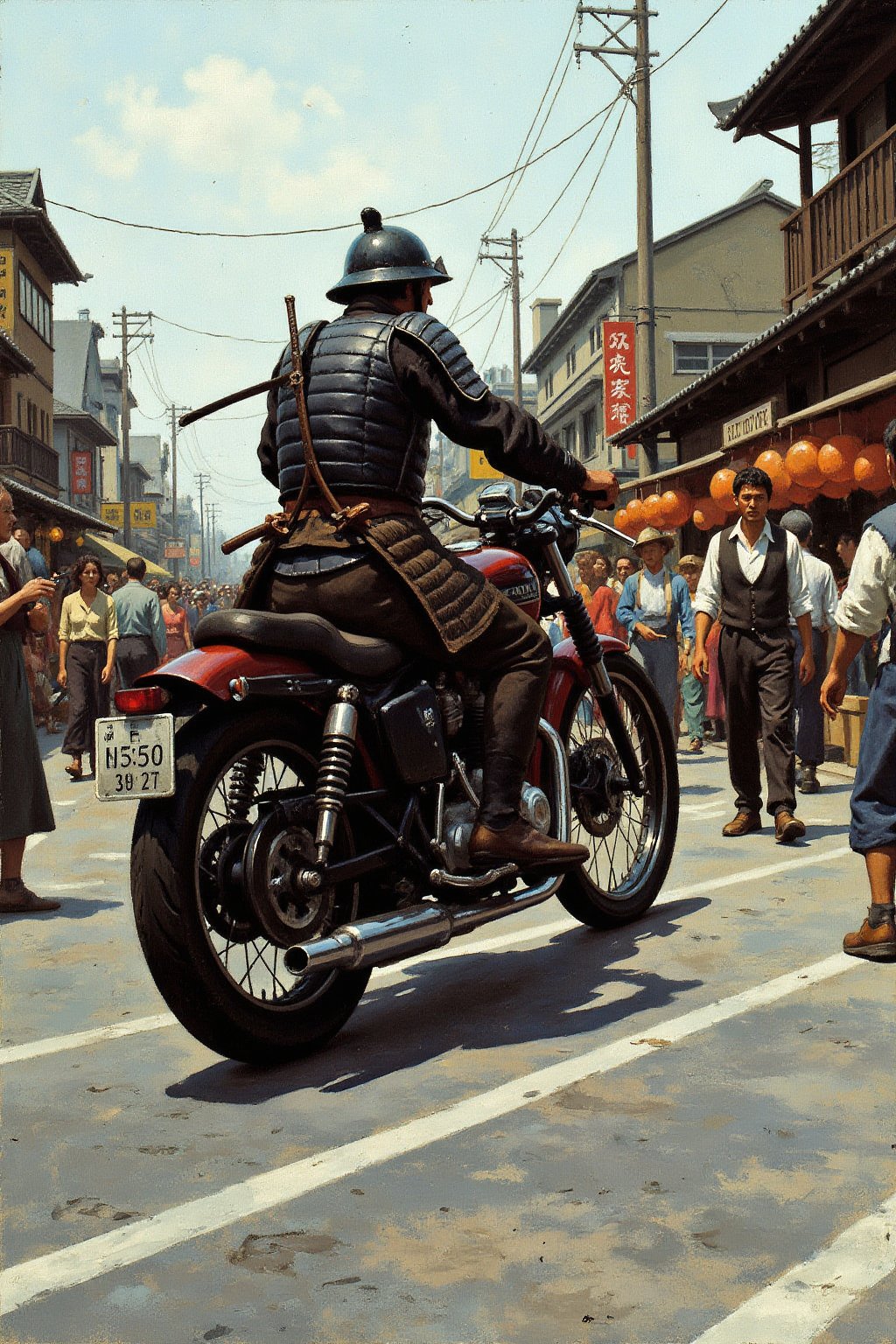 Oil painting. Anime style illustration by J.C. Leyendecker. style by Masamune Shirow. of a dramatic and action-packed scene. Closeup Profile of a samurai riding a motorcycle across a busy street in Kyoto, set in the year 1800. The samurai, wearing traditional armor, has his katana sheathed at his side as he speeds through the bustling market street, filled with merchants, pedestrians, and wooden stalls. 