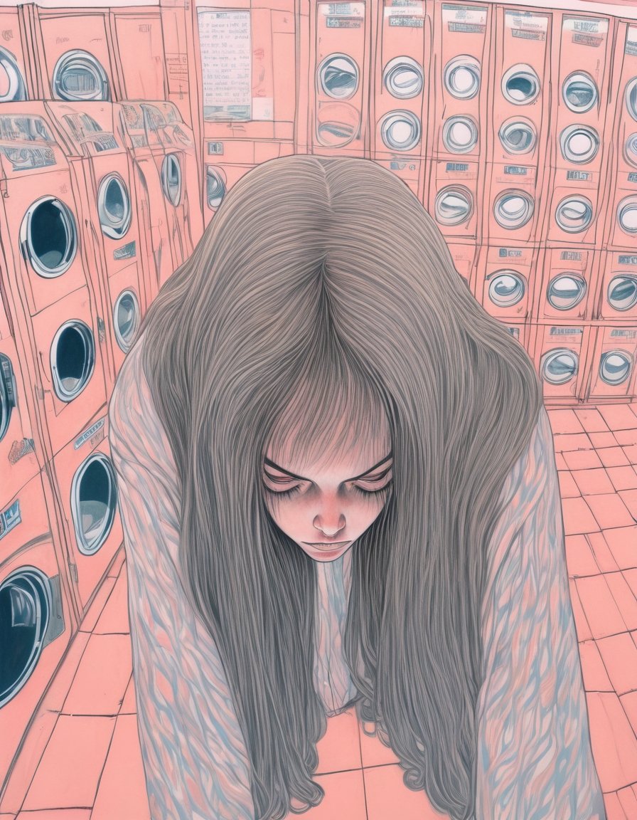 Woman, long hair, bored, waiting at a laundromat, overhead shot, art by Junji Ito, art by Martine Johanna