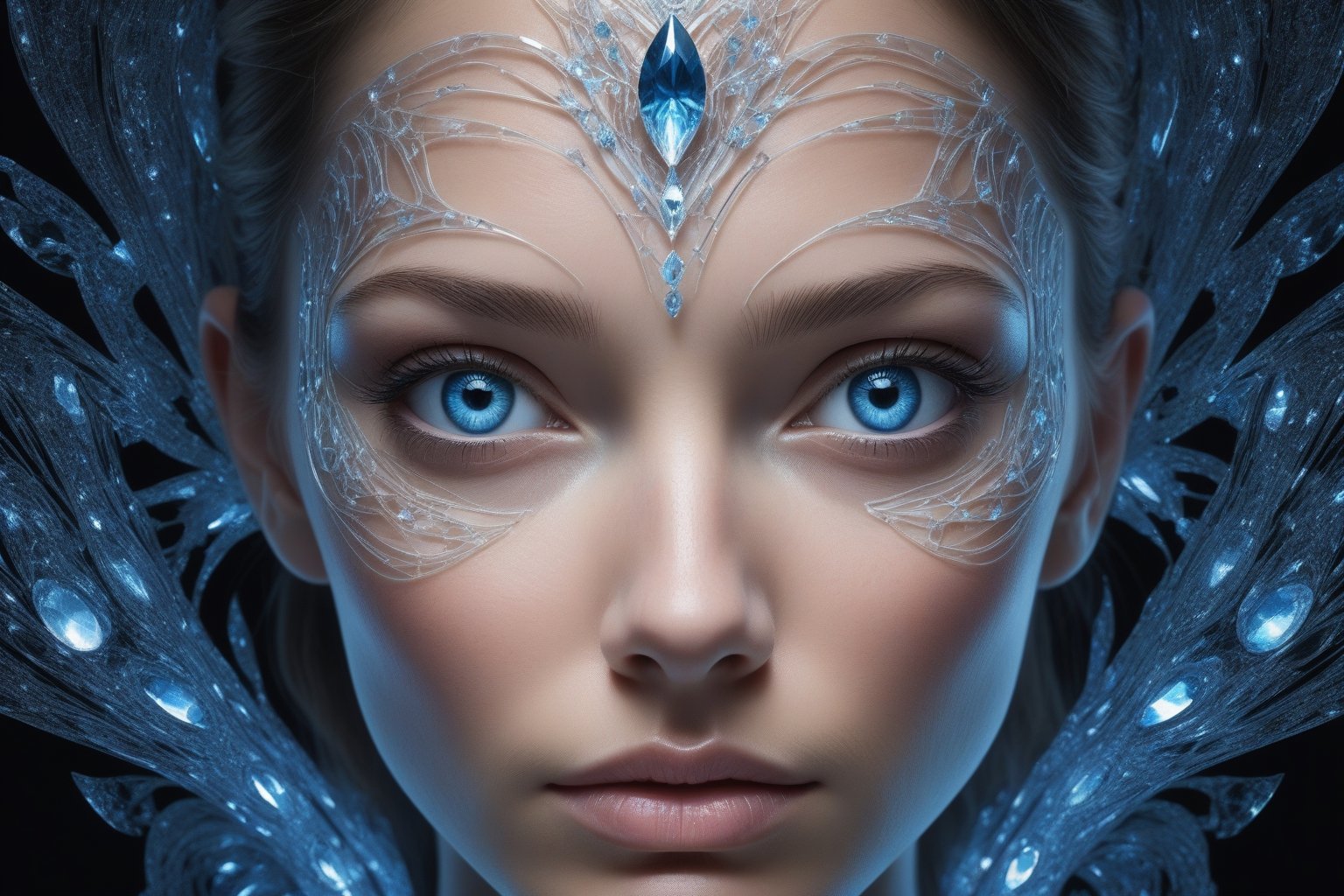 a woman's face, bright blue eyes, bathed in a radiant glow, with her features artistically distorted by a complex blue crystal pattern resembling a III-nitride photonic crystal. This pattern should amplify the light from her skin, resulting in a captivating display of luminescence. Her eyes, wide and filled with wonder, should appear to look deeply into the viewer's soul, conveying an invitation to appreciate the profound beauty of this scientific marvel