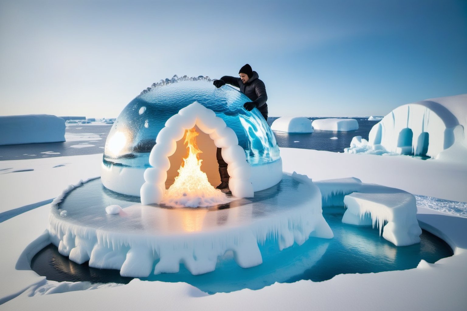 Photo of an inuit looking at a burning Igloo made of water and ice, melting, pool of water on ice,