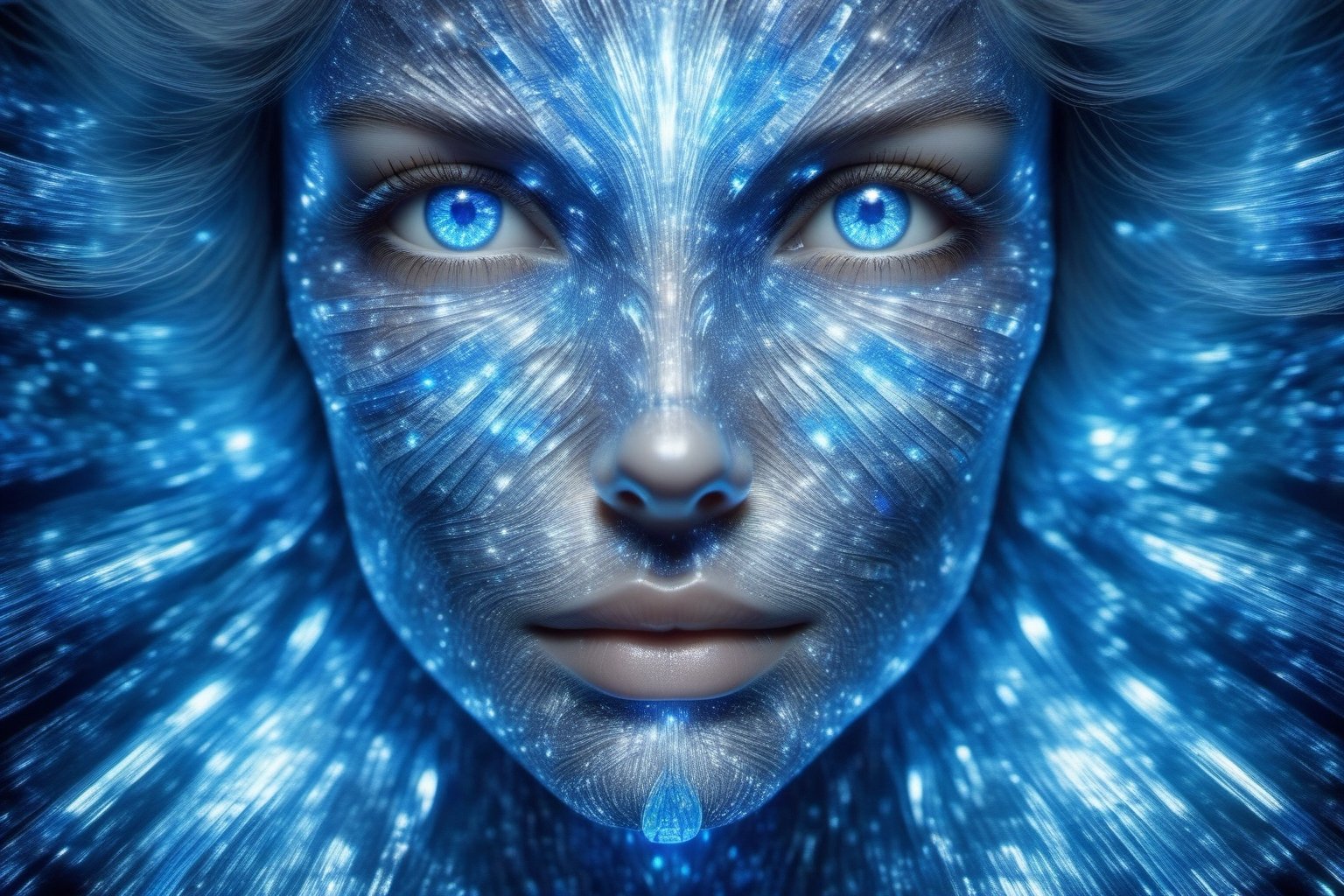 a woman's face, bright blue eyes, bathed in a radiant glow, with her features artistically distorted by a complex blue crystal pattern resembling a III-nitride photonic crystal. This pattern should amplify the light from her skin, resulting in a captivating display of luminescence. Her eyes, wide and filled with wonder, should appear to look deeply into the viewer's soul, conveying an invitation to appreciate the profound beauty of this scientific marvel