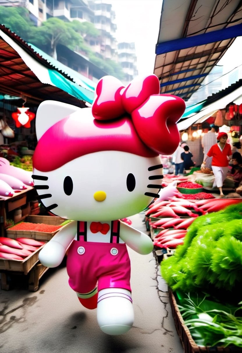 Photo of Hello Kitty holding a giant fish, running away in a market
