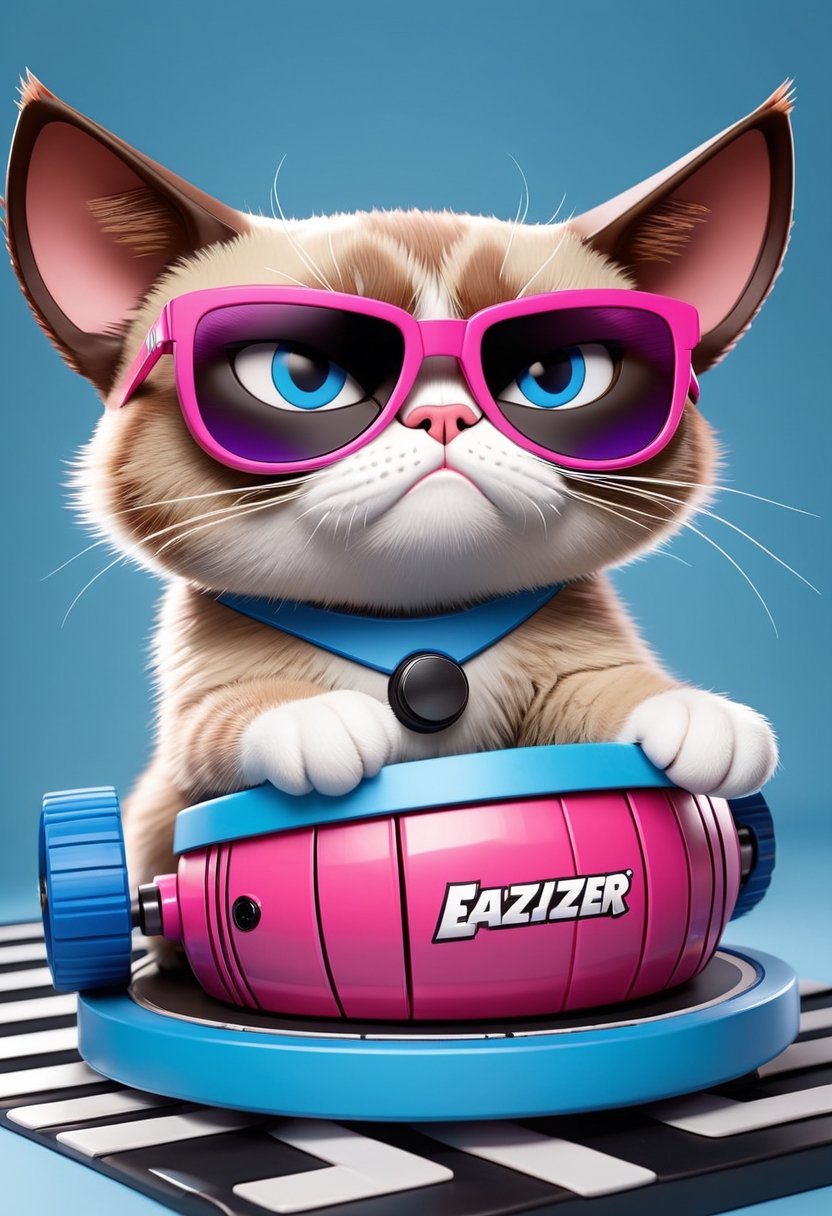 Grumpy Cat as pink mechanical toy wearing sunglasses and blue and black striped flip-flops that beats a bass drum bearing the Energizer logo.