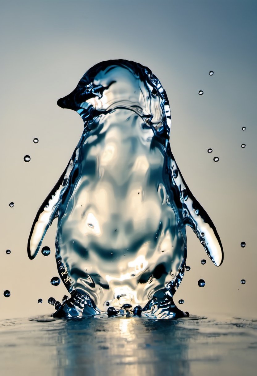 Photo of a penguin made of water, dripping waterdrops, over blue polar ice cap, bright sun