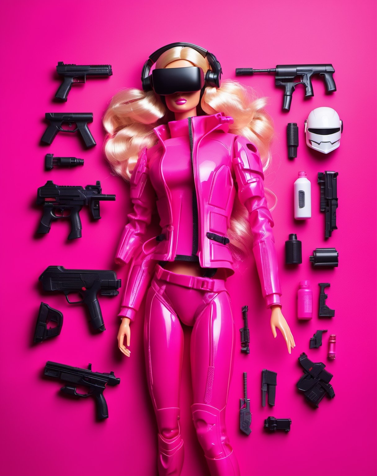 Barbie doll, blonde hair, plastic body, cyberpunk, VR helmet and pink cyberpunk armor, laser gun , flat lay photography, object arrangement, knolling photography