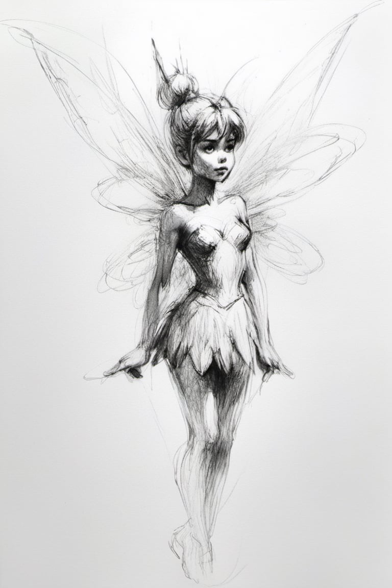 Disney Tinkerbell, full body, charcoal rough sketch, art by agnes cecile