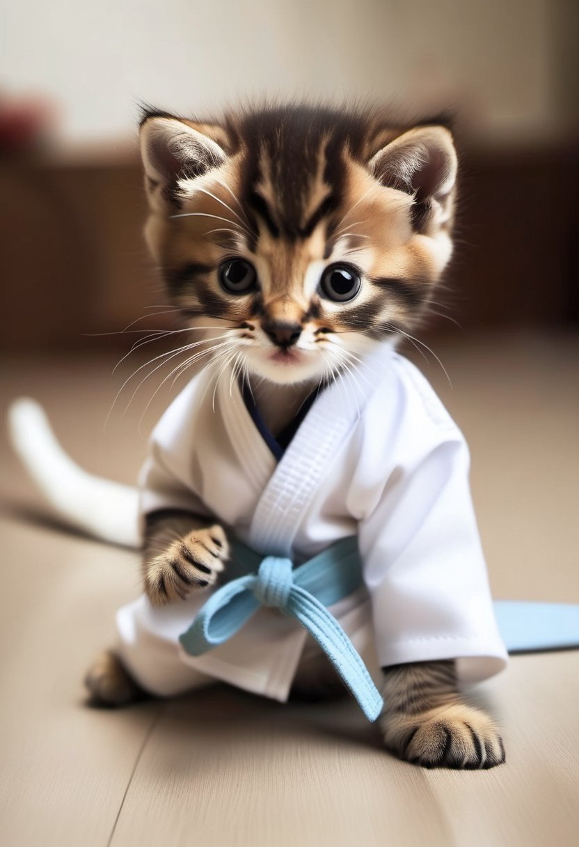 Photo of a kitten, wearing karate gi, practicing Karate at a doujo.