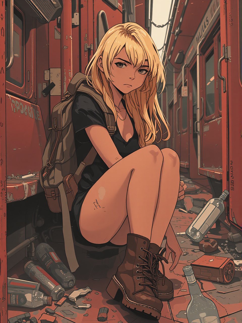 Anime style art by J.C. Leyendecker. Photo of a blonde woman, sitting on train, red interior, rust, garbage on the floor, broken bottles.  She wear a backpack and hicking boots.