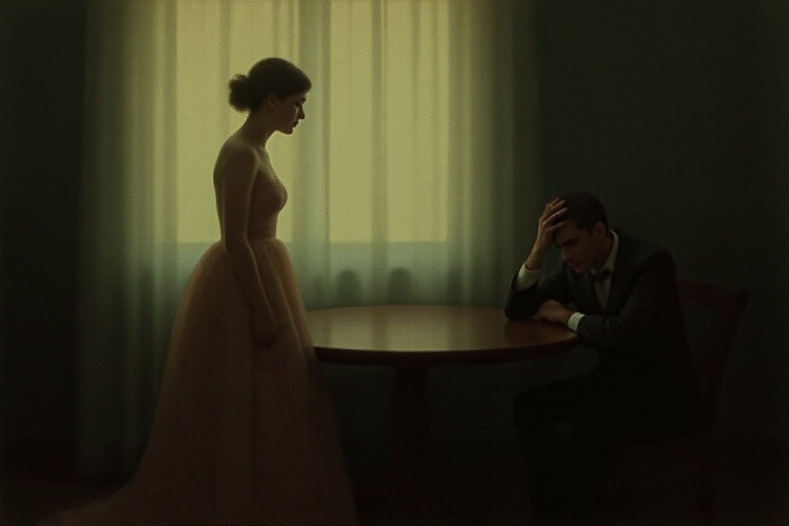 Impressionistic painting of a dimly lit, intimate scene with two people in a room. A young woman in an elegant, flowing dress with floral patterns stands beside a round, dark wooden table. She leans slightly, her face turned away, revealing a soft, serene expression. Her dress gently cascades, reflecting the soft light filtering through sheer curtains in the background. The man, seated at the table with his hand on his forehead, appears deep in thought. The room is bathed in muted, earthy tones, with subtle green hues dominating the background. The overall atmosphere is quiet, introspective, and melancholic, evoking a sense of stillness and contemplation. The tiff by F. Carlyle