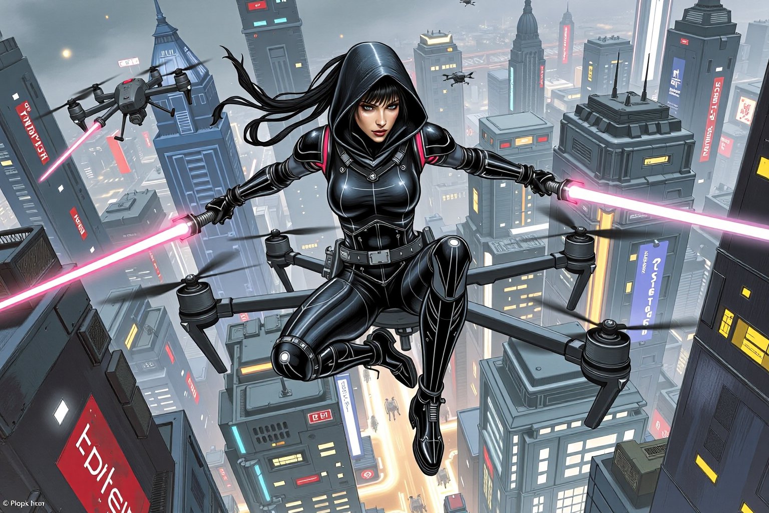 Finely intricate details, lots of pencil strokes, a color masterpiece comics scribbled illustration, A cybernetic female ninja clad in sleek black leather, mid-action as she leaps off a hovering drone. Her body is a blend of human and advanced robotics, with glowing circuits running through her limbs. In her hand, she wields a glowing lightsaber, slicing through the air with a vibrant neon blade. Her expression is fierce and determined, with glowing red eyes reflecting the intensity of the fight. The futuristic cityscape below her is filled with neon lights, towering buildings, and other drones buzzing around. The dynamic action captures the essence of high-tech combat and stealth.