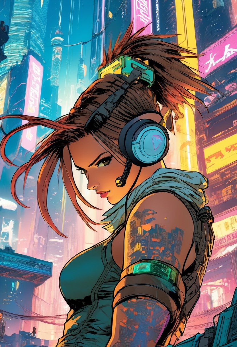 Anime artwork, Lara Croft,  wearing VR helmet,  hacking on a computer. cyberpunk 2077 cityscape, art by Msamune Shirow, art by J.C. Leyendecker, anime style, key visual, vibrant, studio anime, highly detailed