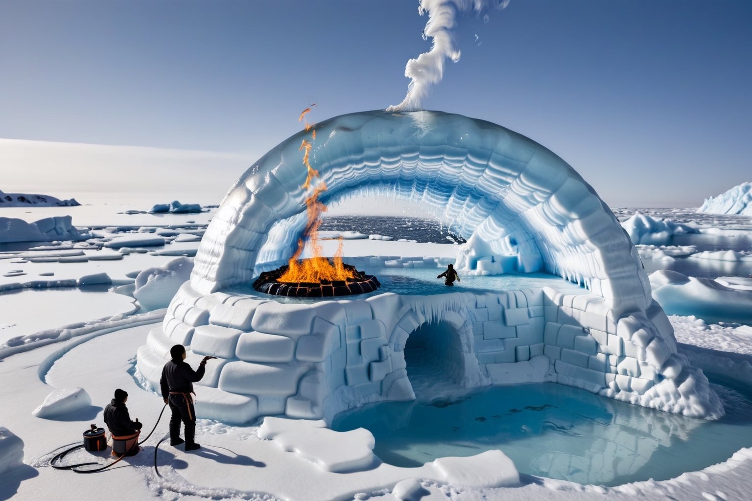 Photo of an inuit looking at a burning Igloo made of water and ice, melting, pool of water on ice,