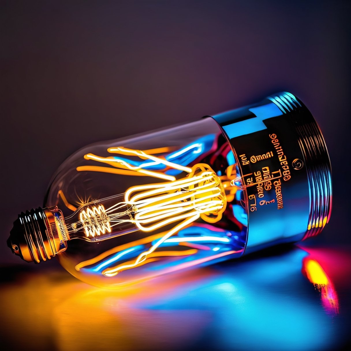 Lightbulb on shiny, reflective suprface, led filament,  vibrant color, glowing electrical sparks, shiny,3l3ctronics