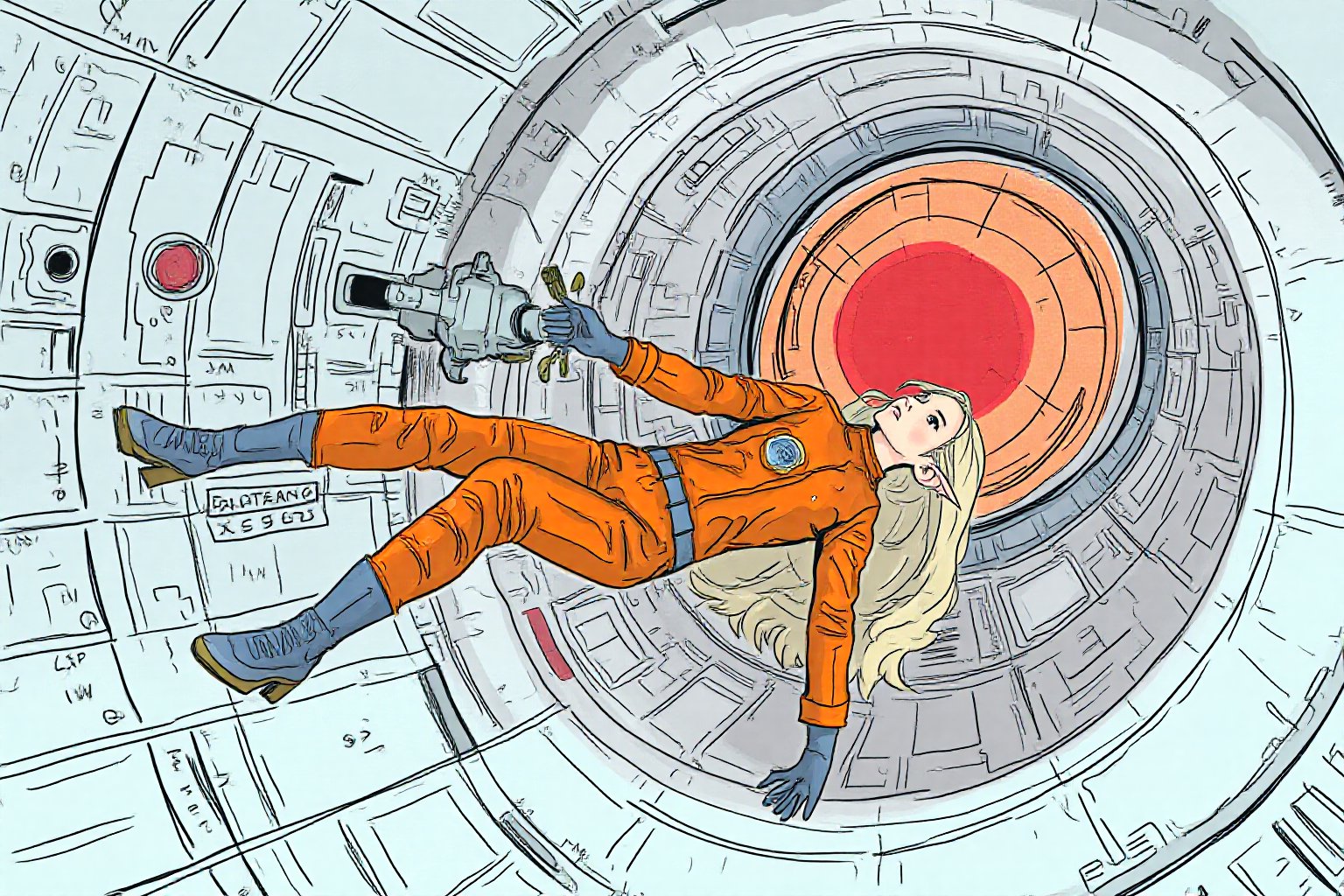 sketch illustration style.  Wide angle shot of a blonde woman, dressed in a vibrant orange space uniform, is carefully re-enacting the iconic scene from 2001: A Space Odyssey where the astronaut deactivates HAL 9000. Floating weightless Inside a sleek, futuristic spacecraft, she methodically removes the components of the HAL 9000 interface, one piece at a time. The setting is tense and sterile, with bright lighting reflecting off the white sterile surfaces, capturing the eerie, unsettling atmosphere of the original scene. The red glow of HAL's eye slowly fades as the scene unfolds, highlighting the dramatic tension between human and machine.