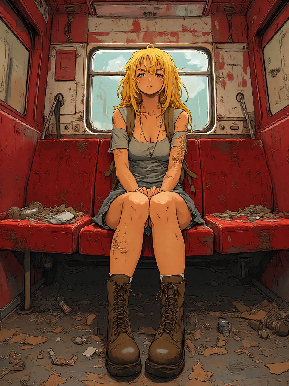 Anime style by Masamune Shirow. A blonde woman, sitting on train, red interior, rust, garbage on the floor, broken bottles.  She wear a backpack and hicking boots.