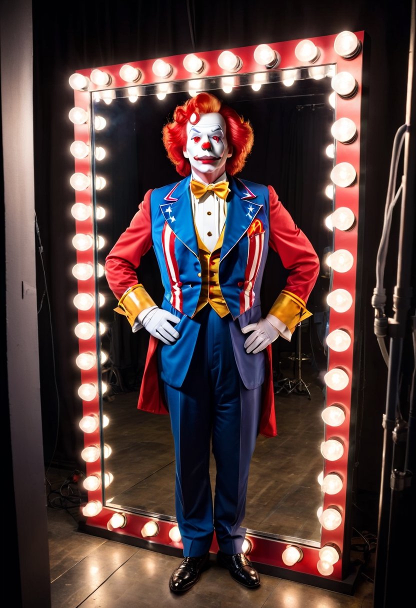 Photo of Ronald Macdonald, backstage looking into a vinity mirror with lightbulbs around the edge, with a reflection of Uncle Sam in the mirror