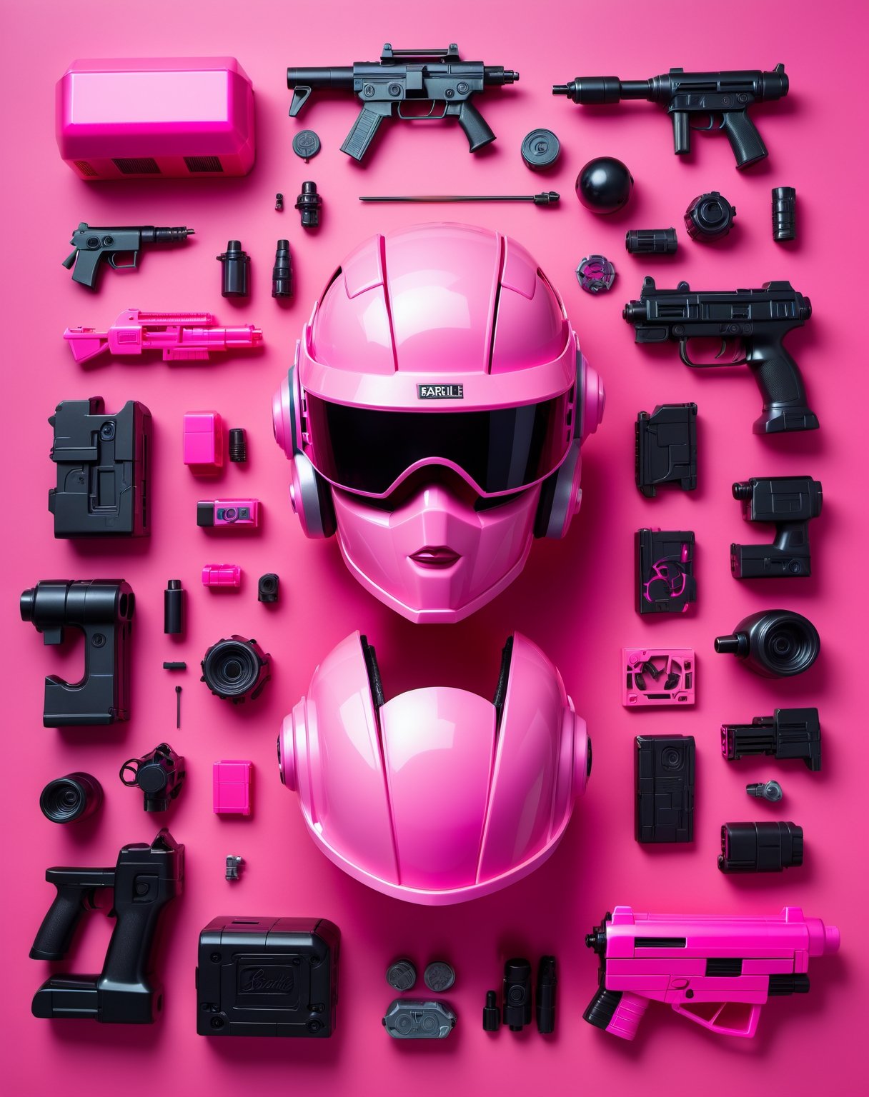 Photography, Barbie doll, VR helmet and pink cyberpunk armor, laser gun , flat lay photography, object arrangement, knolling photography