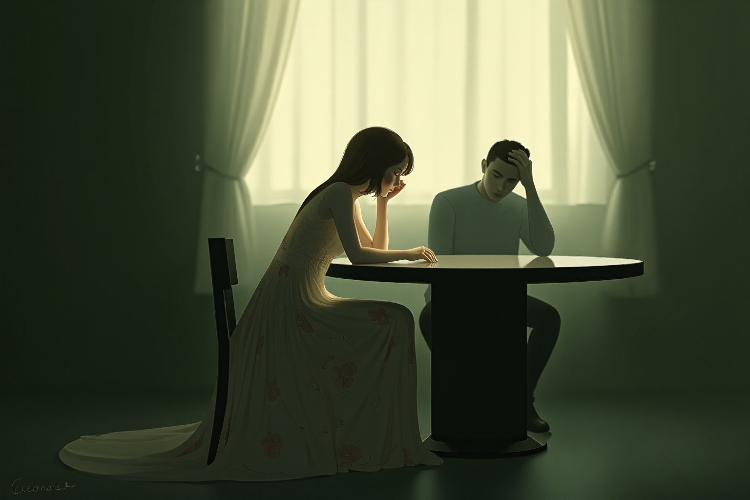 Dreamy art. Digital artwork, intimate scene with two people in a room. A young woman in an elegant, flowing dress with floral patterns sits beside a round, dark wooden table. She leans slightly, her face turned away, revealing a soft, serene expression. Her dress gently cascades, reflecting the soft light filtering through sheer curtains in the background. The man, seated behind her with his hand on his forehead, appears deep in thought. The room is bathed in muted, earthy tones, with subtle green hues dominating the background. The overall atmosphere is quiet, introspective, and melancholic, evoking a sense of stillness and contemplation.