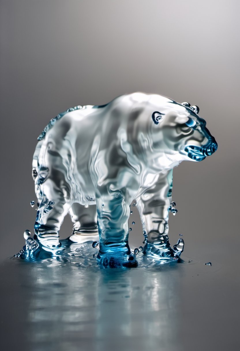 Photo of a glass polar bear made of water, pool of water, transparent, melting artic ice