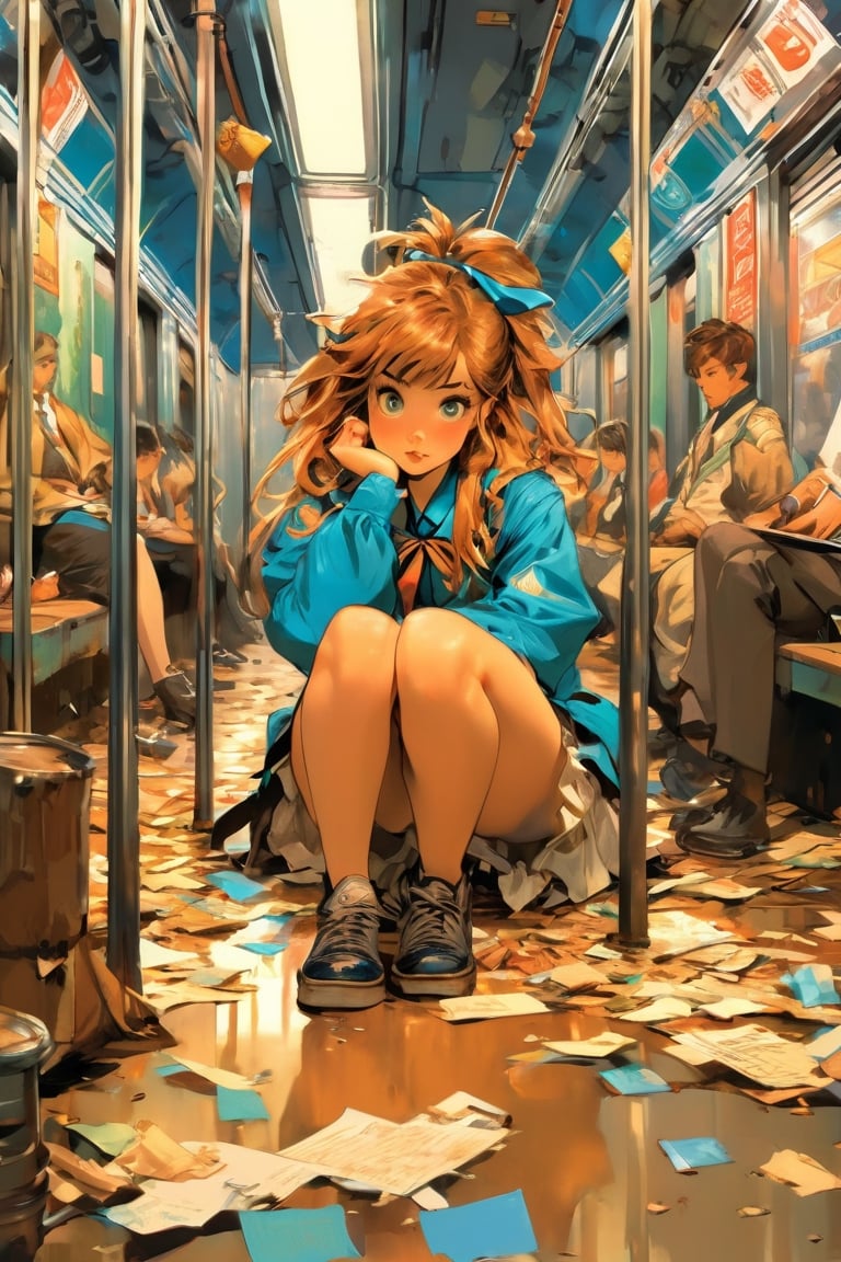 anime artwork, School girl, bored, log hair, sitting on subway, blue interior, rust, garbage on the floor, broken bottles, art by J.C. Leyendecker . anime style, key visual, vibrant, studio anime, highly detailed