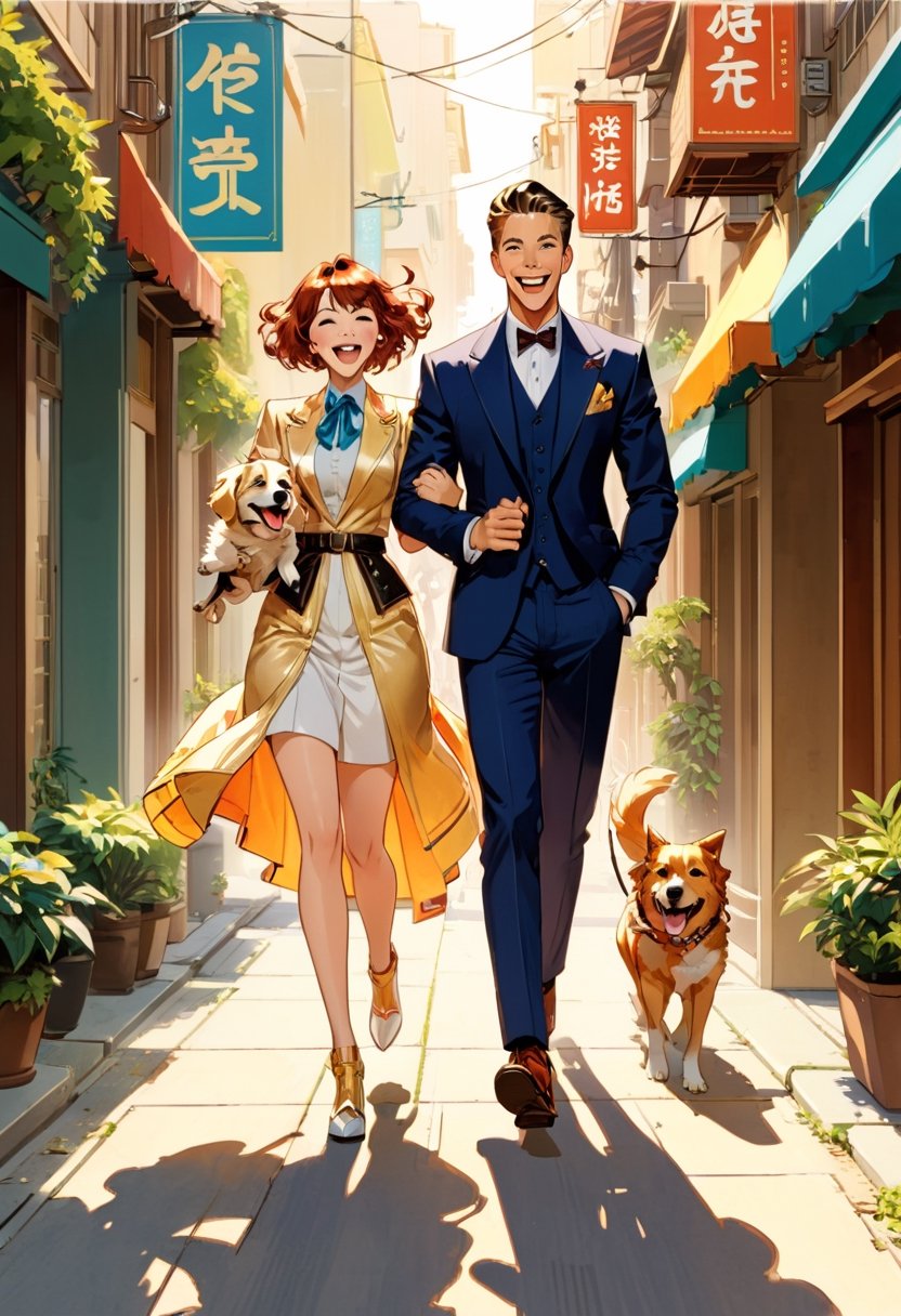 Anime Network,  Couple walking dog, laughing, art by J.C. Leyendecker, Anime style,  key visual,  vibrant,  studio anime