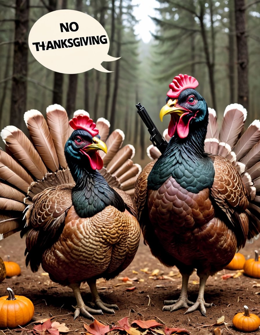 "No Thanksgiving" TEXT LOGO. Photo of Turkeys holdingwith guns. Comic strip speech bubble "No Thanksgiving"