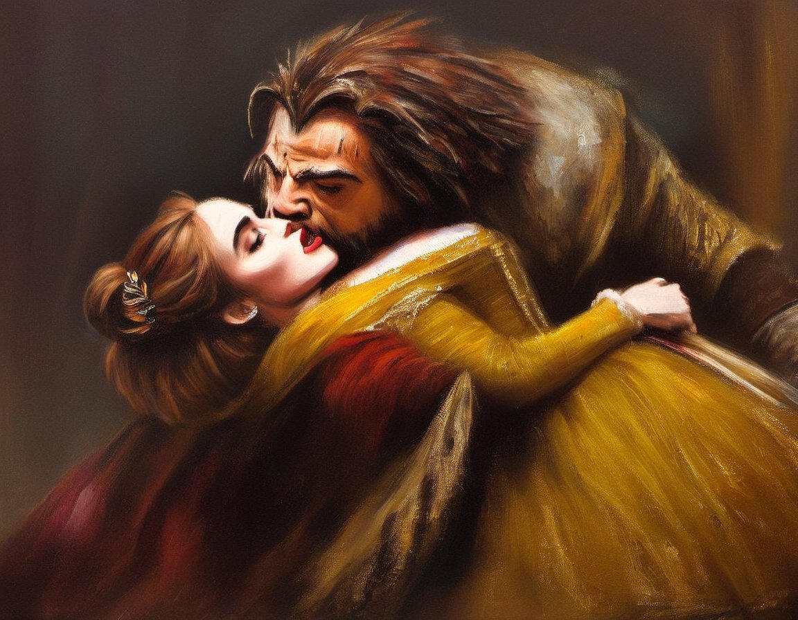 Oil painting of Emma Watson as Beauty kissing the Beast, art by Rembrandt  r3mbr4ndt