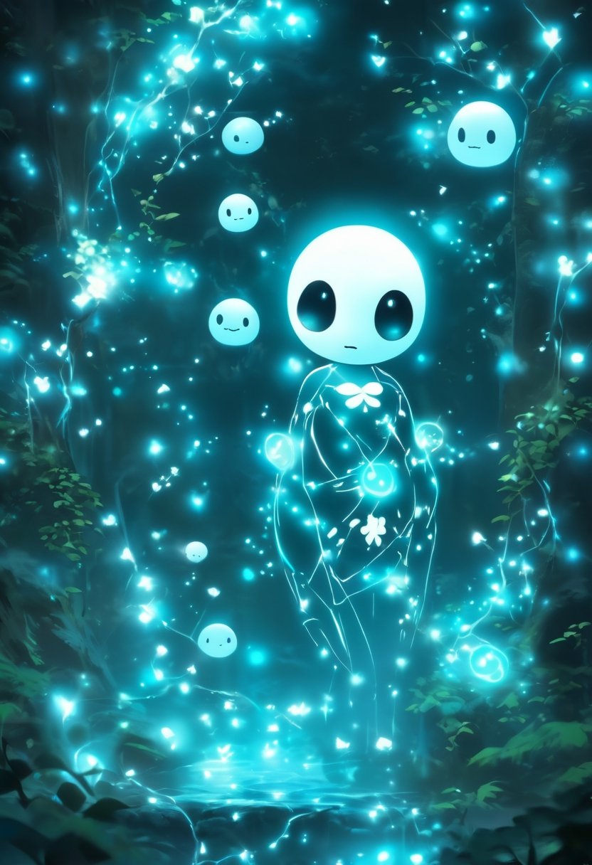 Anime artwork. Kodama, bioluminescent, circuits, diagrams, depth