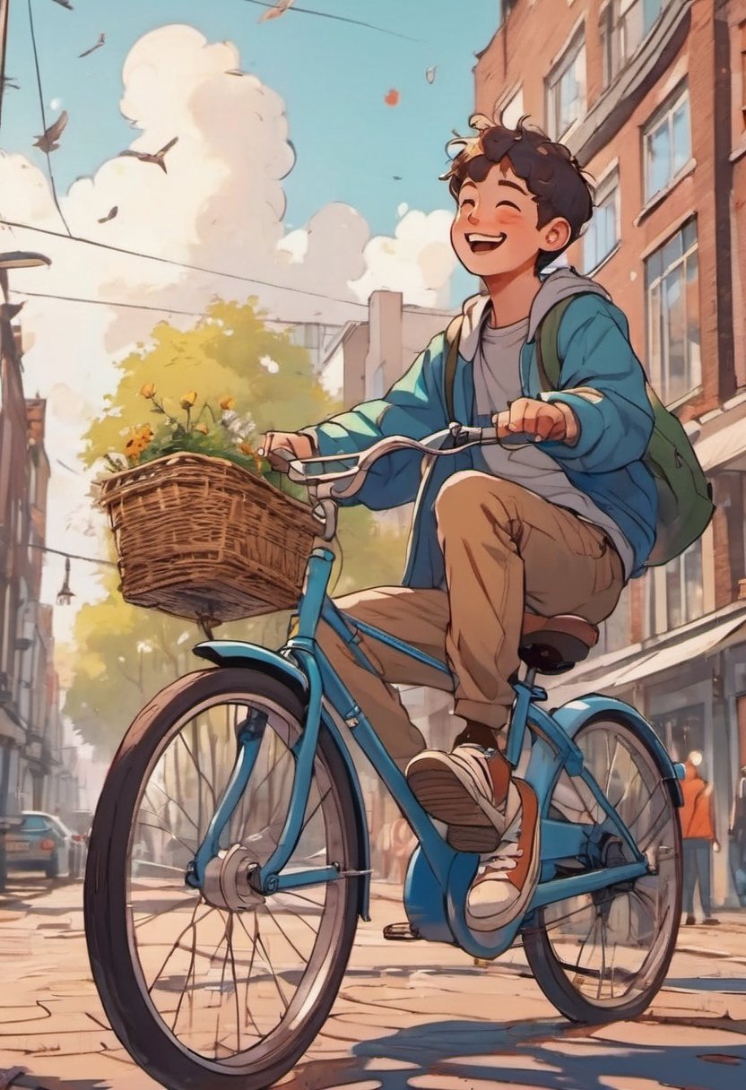 Close up of a happy boy a riding a bicycle in  Nijmegen  dreamyvibes artstyleNegative: