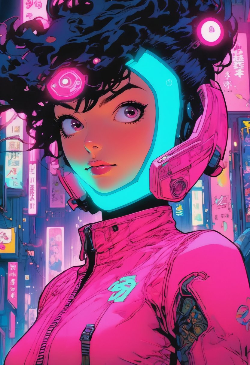 Anime artwork. Portrait of a woman in pink cyberpunk suit, art by Suehiro Maruo, art by Etam Cru, rim lighting, soft lighting, bright image