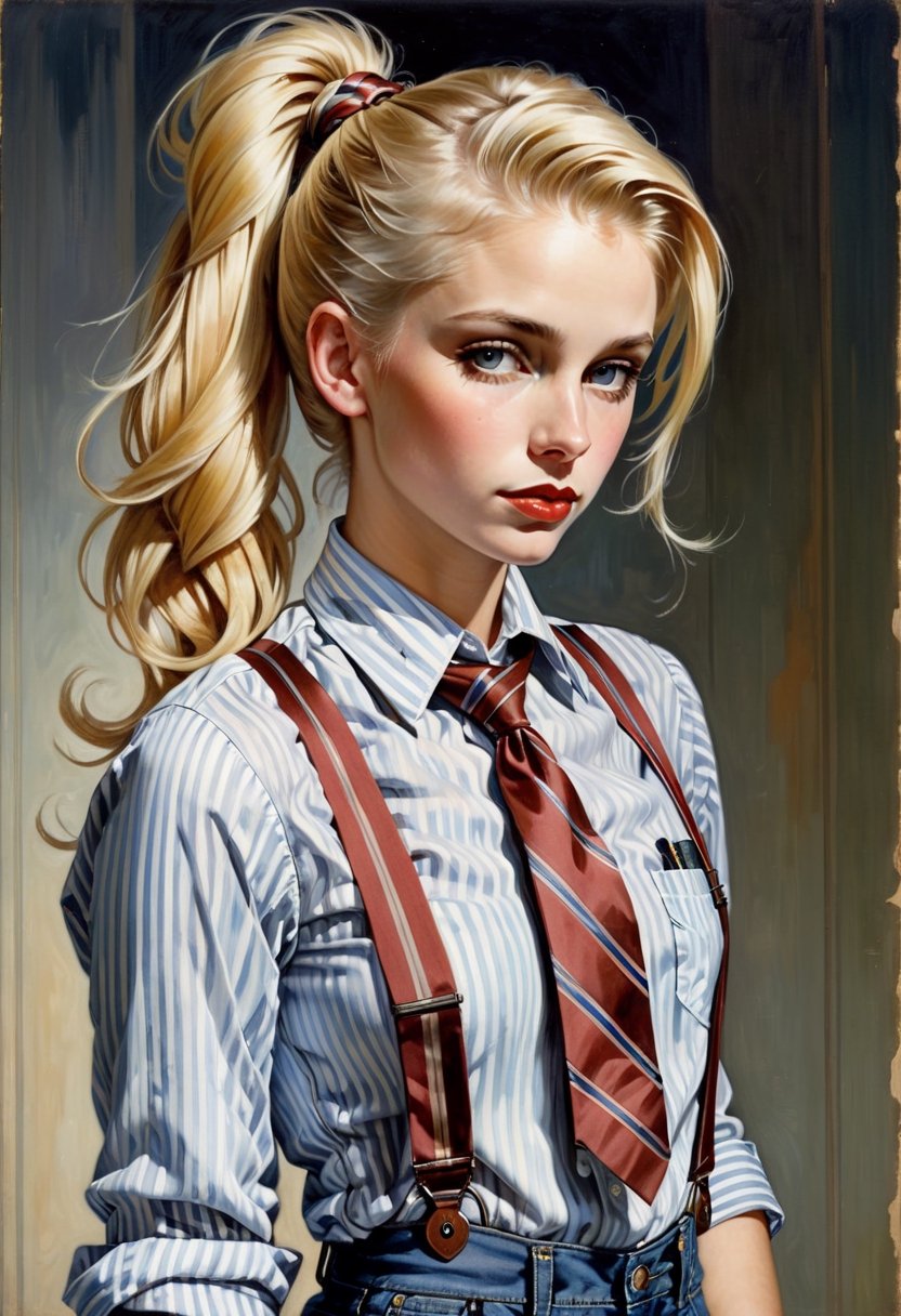 Photo of  tomboyish blonde. Her hair is tied in a ponytail. She's wearing a striped shirt,  with the sleeves rolled up,  and a necktie. She's also wearing jeans with suspenders. art by J.C. Leyendecker, Canon 5d Mark 4, Kodak Ektar