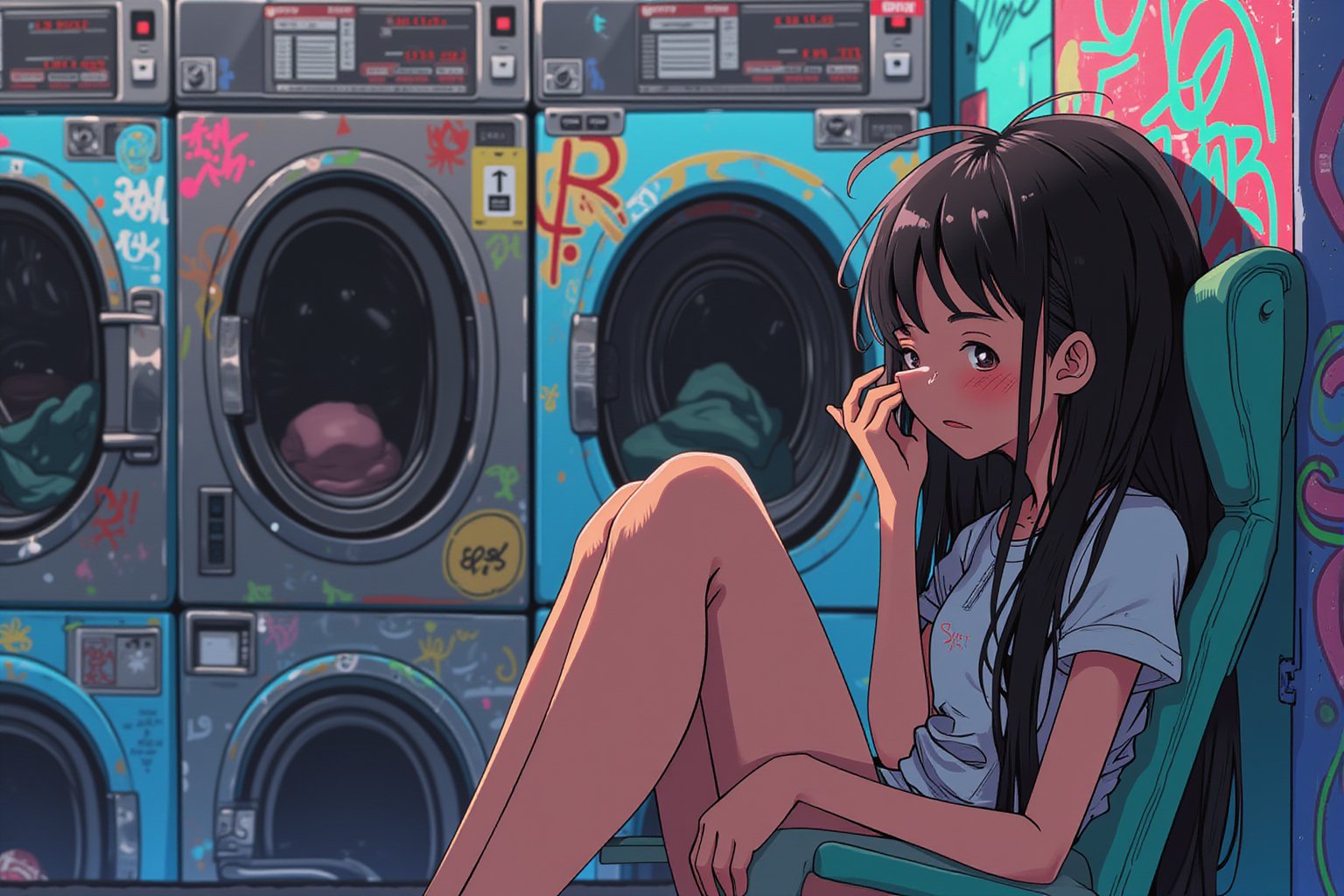 Anime style. A girl with long black hair waiting for her laundry at a laundromat. She is sitting on a chair, leaning against a wall adorned with colorful graffiti. She is yawning.