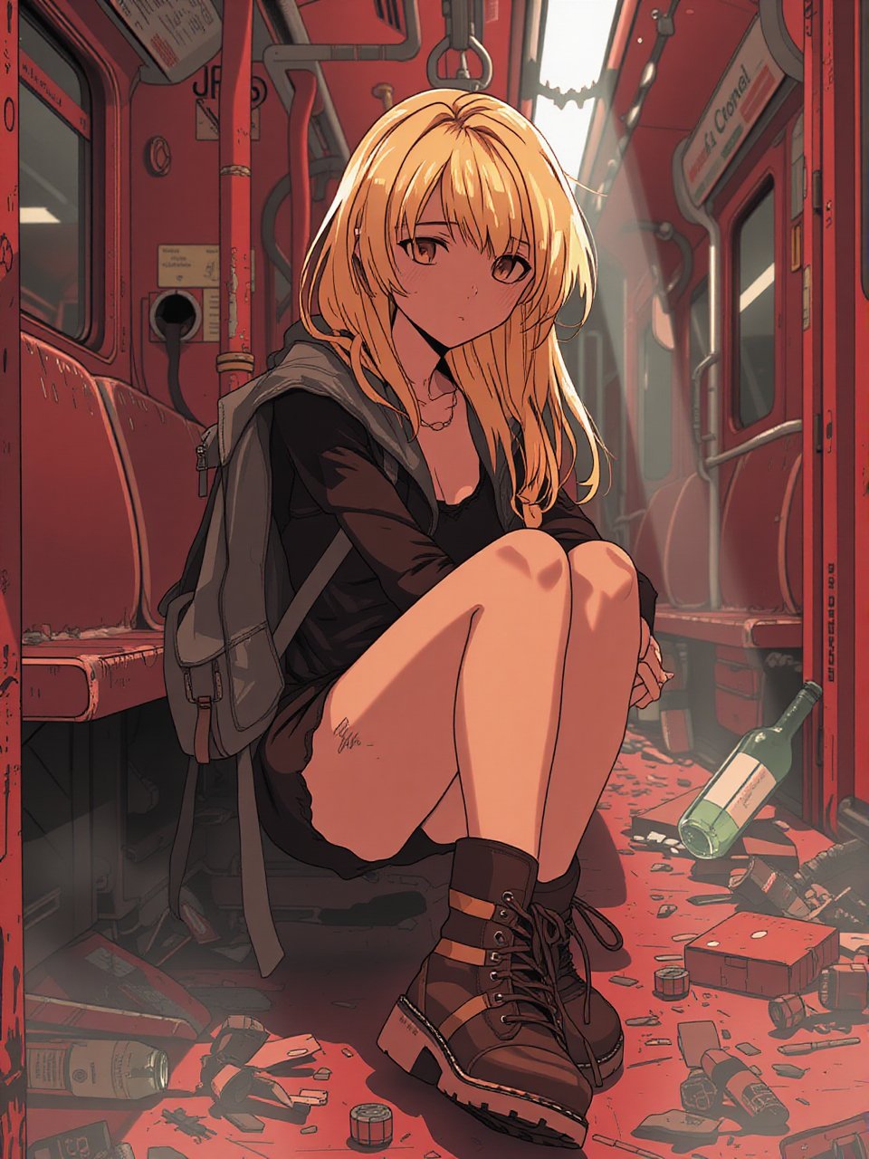 Anime style. A blonde woman, sitting on train, red interior, rust, garbage on the floor, broken bottles.  She wear a backpack and hicking boots.