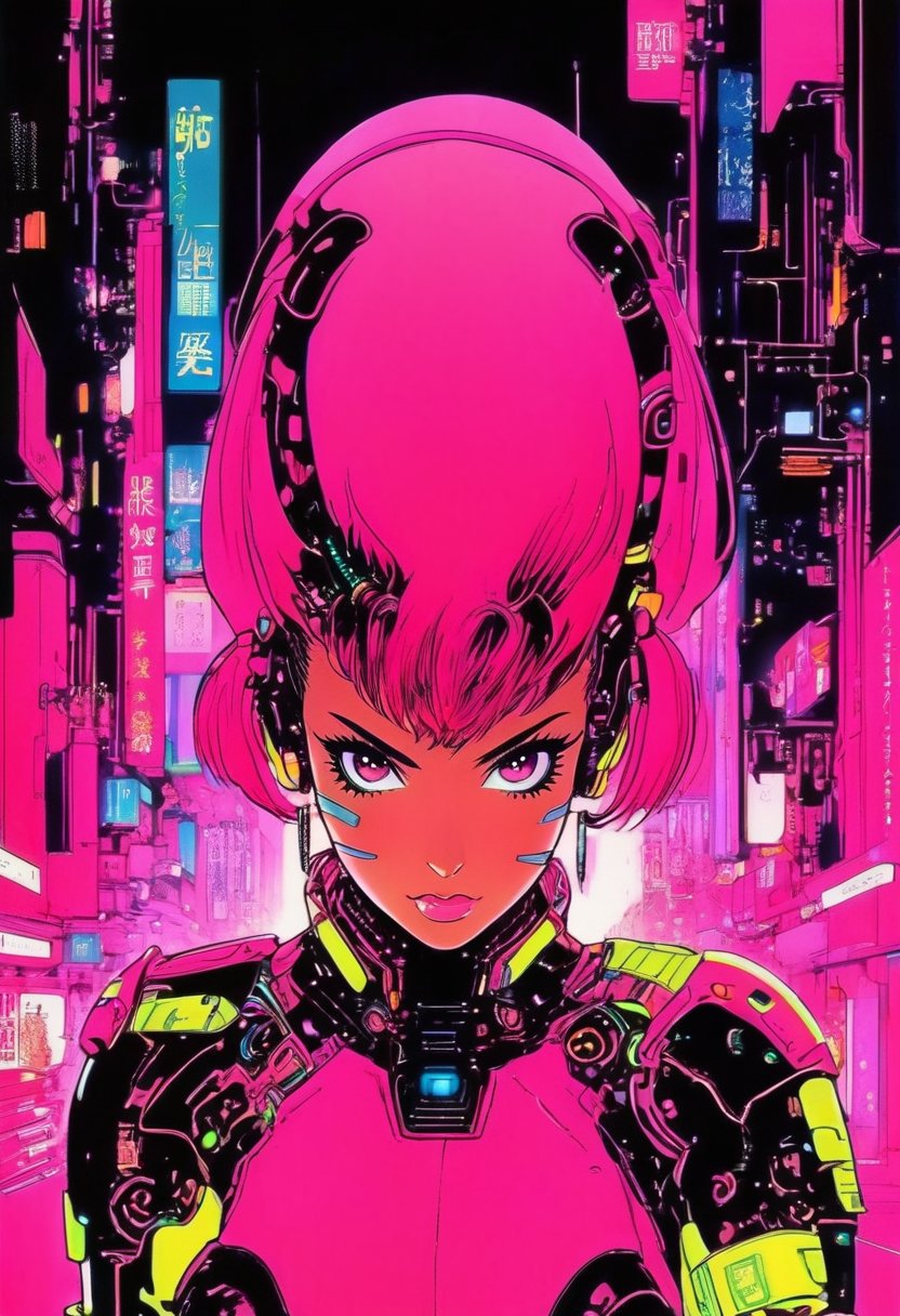 Anime artwork. Portrait of a woman in pink cyberpunk suit, art by Suehiro maruo