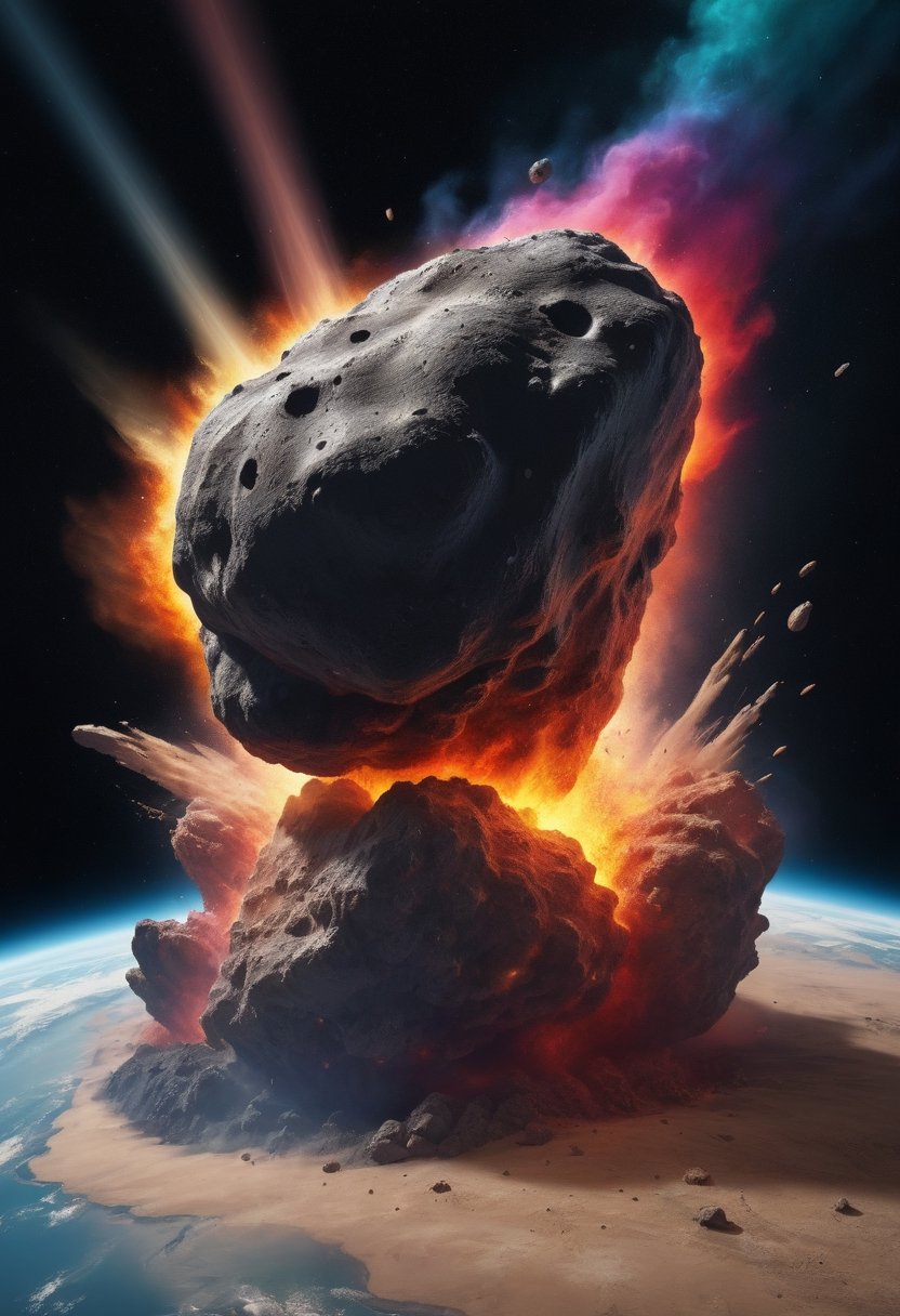 asteroid hitting earth, multi-colored dust and fire 