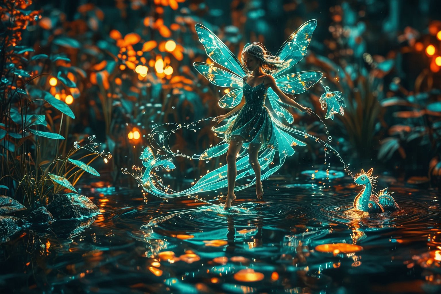 Close up photo of a ((water fairy)) gliding over a pond, reflections in the water, night scene. ral-exposure, in the style of double exposure, neon art nouveau, long exposure, wimmelbilder, layered lines, neonpunk, chiaroscuro, best quality, masterpiece, highres, absurdres, incredibly absurdres, huge filesize, wallpaper, colorful,8K,RAW, Style by J.C. Leyendecker. Canon 5d Mark 4, Kodak Ektar, 35mm,Long_Exposure 