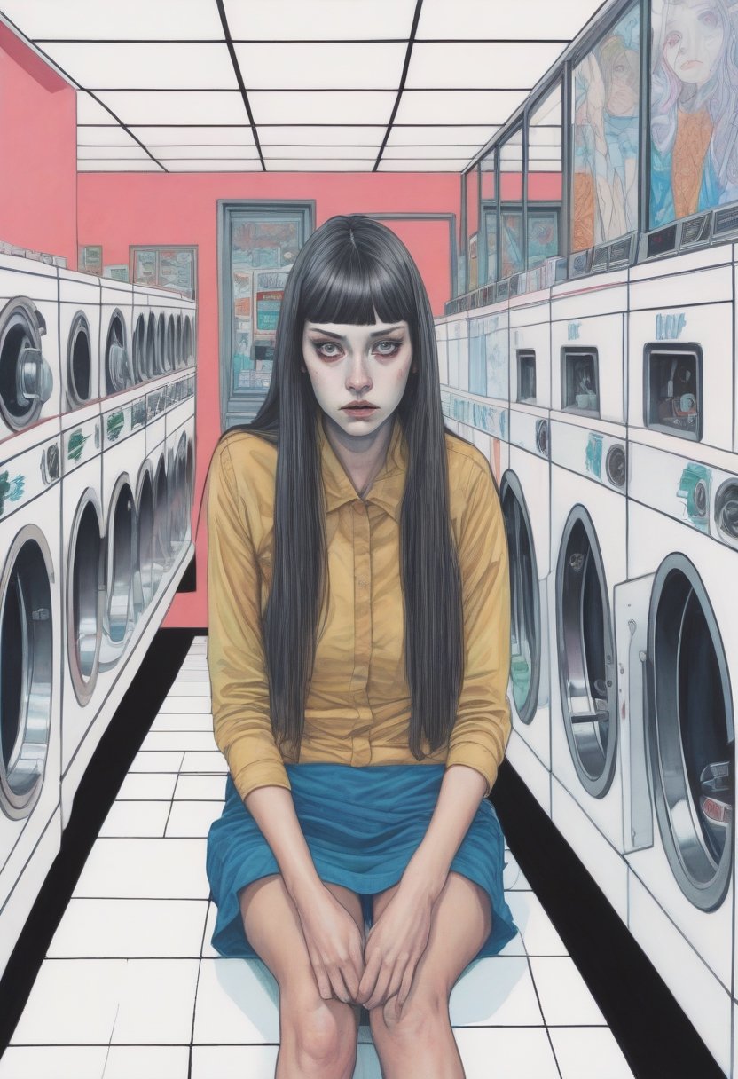 Woman, long hair, bored, waiting at a laundromat, overhead shot, art by Junji Ito, art by Martine Johanna