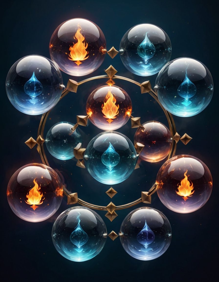 Fantasy image of floating transparent spheres arranged in symmetrical pattern, each representing the alchemy symbols, fire, water, air, and earth, Colorful, Simple background