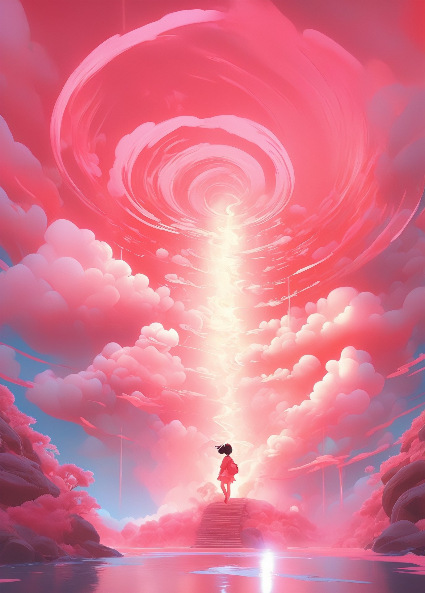 strybk, 3d, bright pink sun, coral cloud formed spiral. tunnel effect, sunrise, oil painting, heavy strokes, surreal, paint dripping, digital art, concept art, surrealistic anime style, kawaii, octane render, hyperdetailed, magic, fantasy, fairy. Genshin Impact, Neimy Kanani, raphael, makoto shinkai style, disney, Lois van Baarle (Loish), Ilya Kuvshinov, Ross Tran (aka Rossdraws), Studio Ghibli, James Gilleard, artstation, 4k, symmetrical, soft lighting, trending on artstation, intricate details, highly detailed, pencil drawing, sketching, unreal engine, kids story book style, muted colors, watercolor style