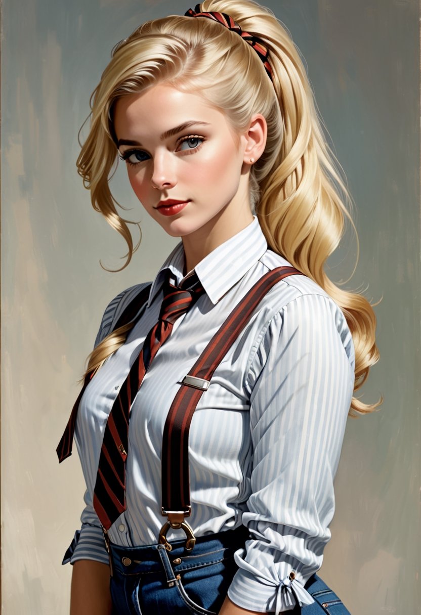 Photo of  tomboyish blonde. art by J.C. Leyendecker,  Canon 5d Mark 4,  Kodak Ektar,  Her hair is tied in a ponytail. She's wearing a striped shirt,  with the sleeves rolled up,  and a necktie. She's also wearing jeans with suspenders, art by J.C. Leyendecker, Canon 5d Mark 4, Kodak Ektar