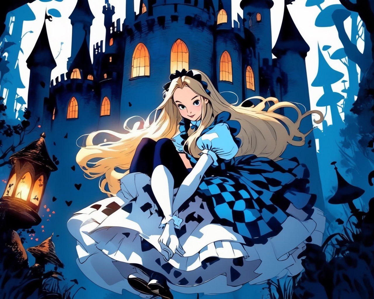 Alice in Wonderland, 1 woman, blonde straight hair serious stocking sit while floating in the air shadow dark pokers castle Detailed Gothic Dreamlike Fantasy manga line art flat gradient by Suiishida