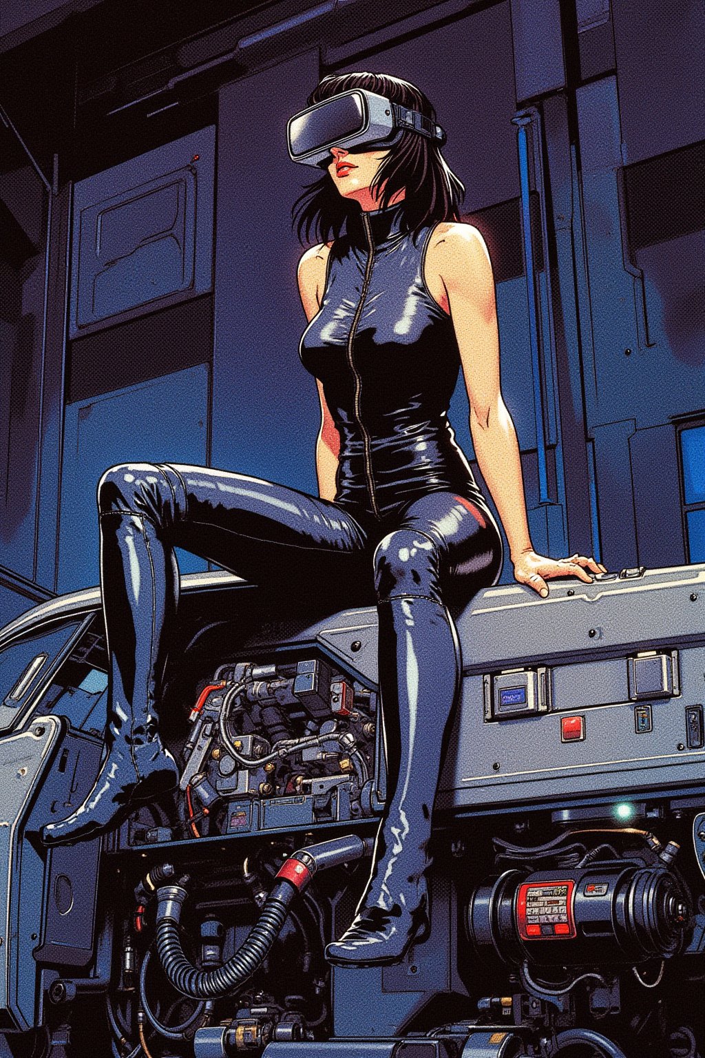 A striking, futuristic scene depicts a woman dressed in sleek, form-fitting leather attire, sitting confidently atop an open power suit, inspired by the cyberpunk aesthetics of Masamune Shirow. The power suit, a blend of advanced technology and military-grade armor, features intricate mechanical details, exposed wiring, and a robust, yet streamlined design. The woman, wearing a cutting-edge VR headset, exudes a sense of control and mastery over the machine beneath her. Her posture is relaxed yet commanding, with one hand resting on the suit’s metallic surface and the other casually holding a piece of advanced tech. The background is a high-tech industrial setting, with dim lighting that casts dramatic shadows, highlighting the fusion of human and machine. The overall atmosphere is one of futuristic coolness and cybernetic elegance, capturing the essence of Shirow’s iconic 