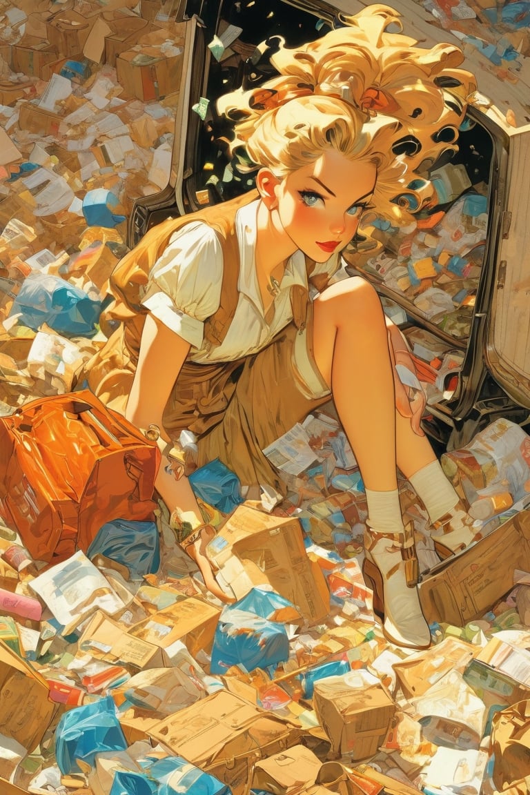 anime artwork, open trunk of a stattion wagon, filled with trash, Woman, garbage all around, art by J.C. Leyendecker, anime style, key visual, vibrant, studio anime, highly detailed