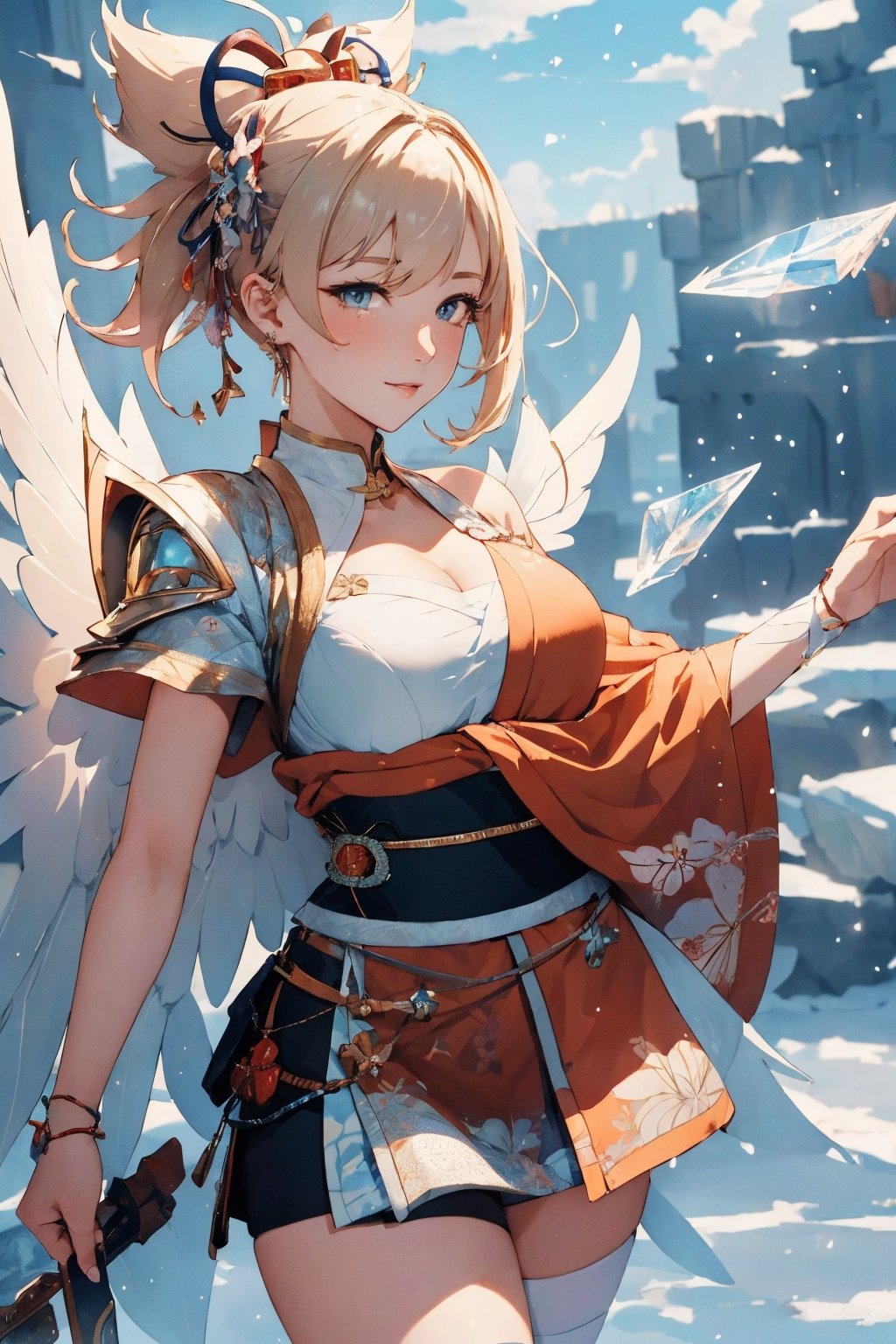 masterpiece,{{{best quality}}},(illustration)),{{{extremely detailed CG unity 8k wallpaper}}},game_cg,(({{1girl}})),{solo}, (beautiful detailed eyes),((shine eyes)),goddess,fluffy hair,messy_hair,ribbons,hair_bow,{flowing hair}, (glossy hair), (Silky hair),((white stockings)),(((gorgeous crystal armor))),cold smile,stare,cape,(((crystal wings))),((grand feathers)),((altocumulus)),(clear_sky),(snow mountain),((flowery flowers)),{(flowery bubbles)},{{cloud map plane}},({(crystal)}),crystal poppies,({lacy}) ({{misty}}),(posing sketch),(Brilliant light),cinematic lighting,((thick_coating)),(glass tint),(watercolor),(Ambient light),long_focus,(Colorful blisters),ukiyoe style,yoimiyadef